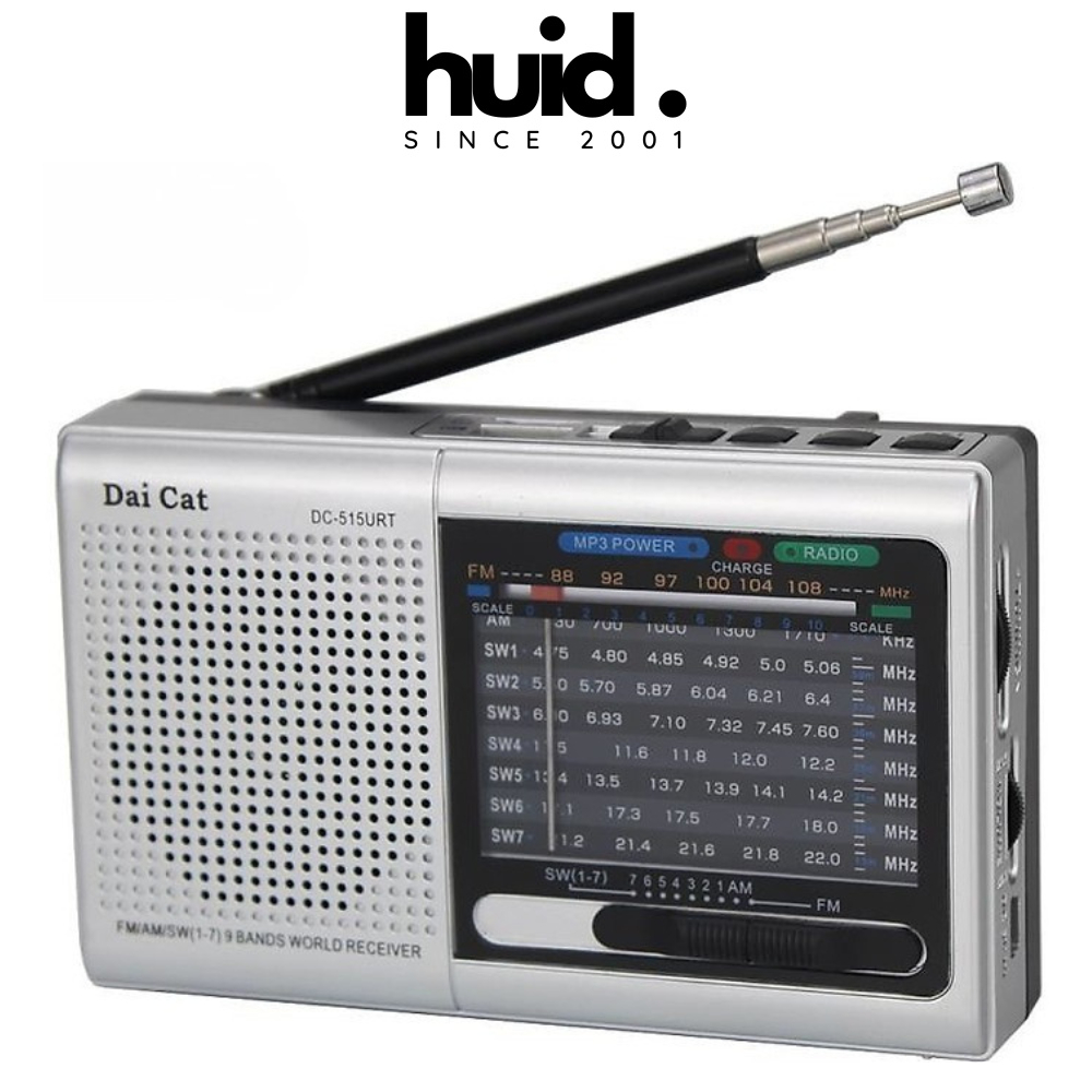 Đài Radio Bluetooth 3 Băng Tần FM/AM/SW, Bắt Sóng Khỏe, Hỗ Trợ USB & Thẻ Nhớ, Pin Sạc DAICAT DC-515B