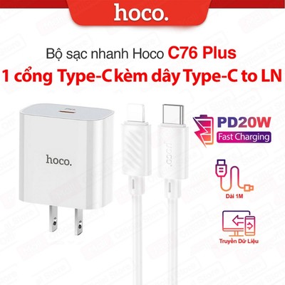 Bộ sạc nhanh Hoco C76 Plus kèm cáp Typec to IP PD20W 3.0A dùng cho 10/11/12/13pro/14promax dài 1m, chân dẹt