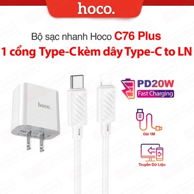 Bộ sạc nhanh Hoco C76 Plus Typec to IP PD20W 3.0A dành cho ip11/12/13pro/14promax chân dẹt ,dài 1m