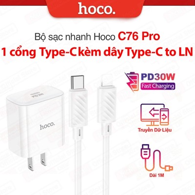 Bộ sạc nhanh Typec to IP PD30W Hoco C76 Pro/C76A Pro ,PC + ABS chống cháy, dài 1m dùng cho ip11/12/13/14