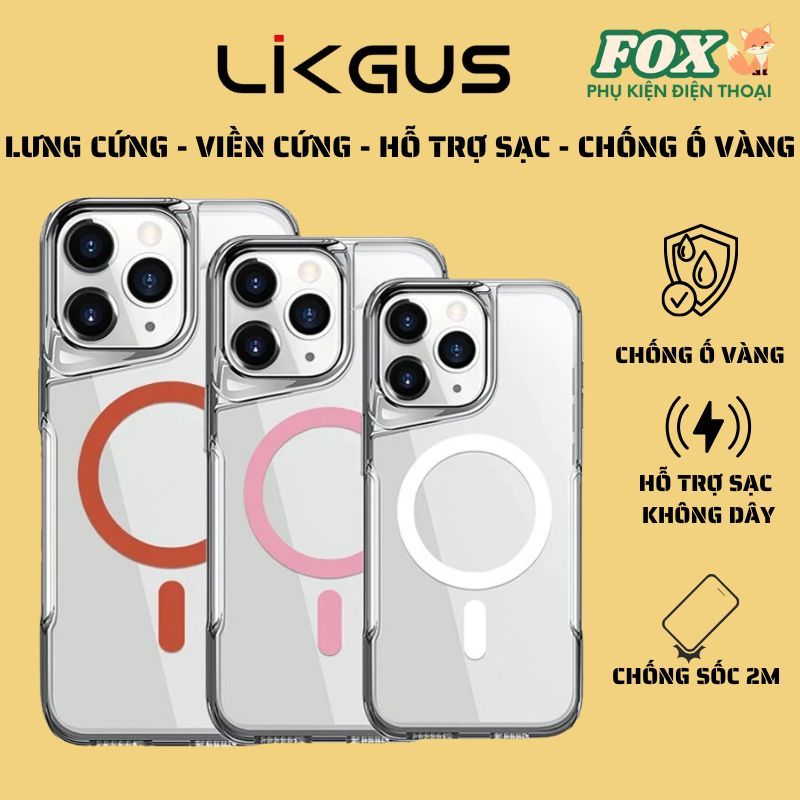 Ốp Likgus Candy trong suốt chống ố vàng hỗ trợ sạc không dây cho IPhone 12 13 14 15 16Promax Pro