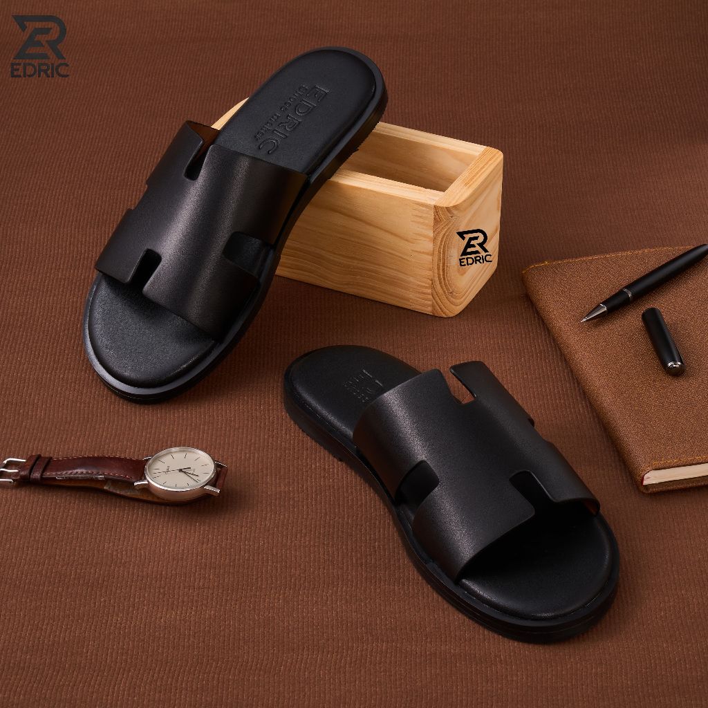 Dép Nam Quai Ngang Chữ H EDRIC Bằng Da Bò Nappa, Đế Phíp Dán Vibram Chống Trơn Trượt D01