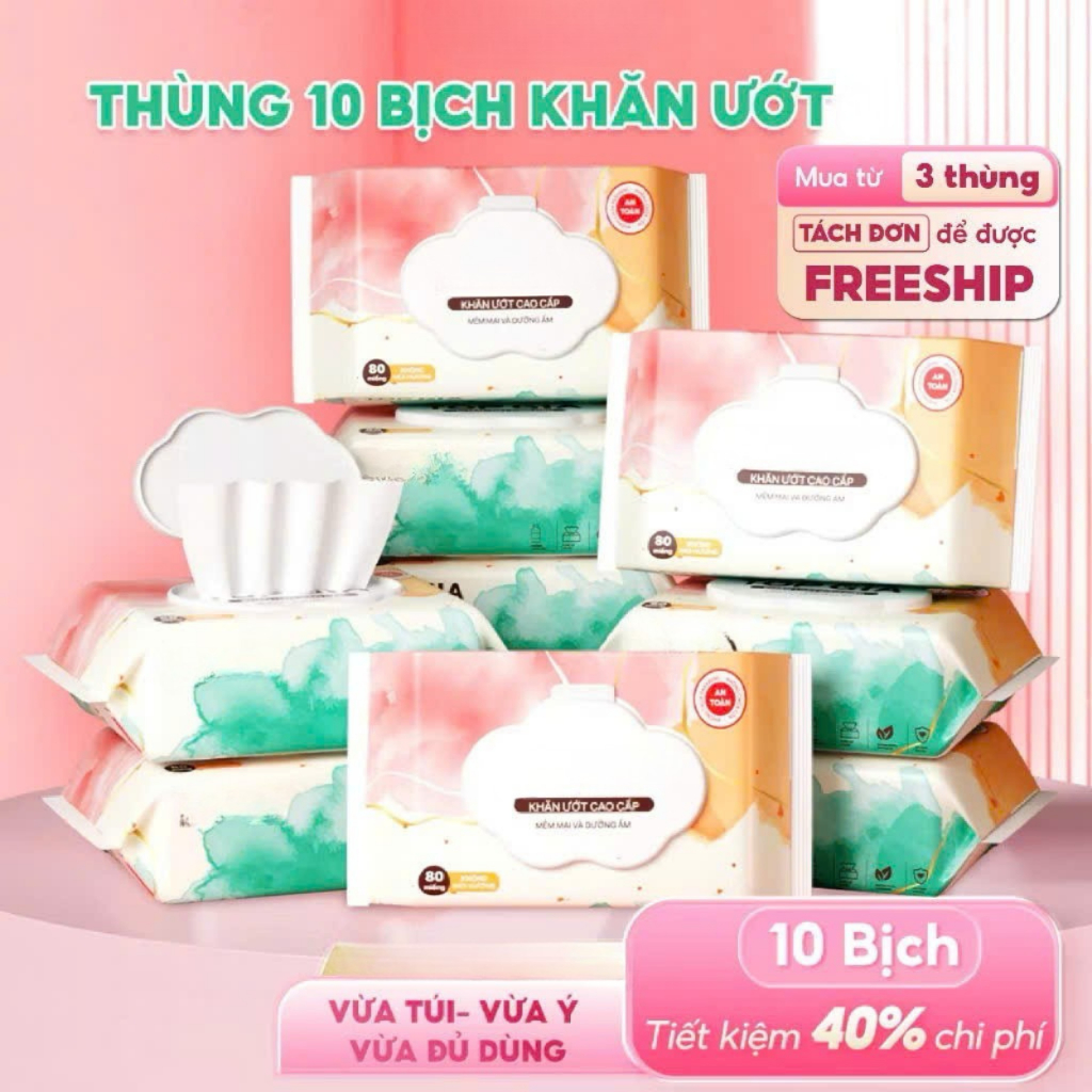 Thùng 10 Gói Khăn Ướt Đa Năng Cao Cấp 80 Tờ/Gói,Khăn Ướt Đa Sắc Lau Không Chứa Cồn An Toàn