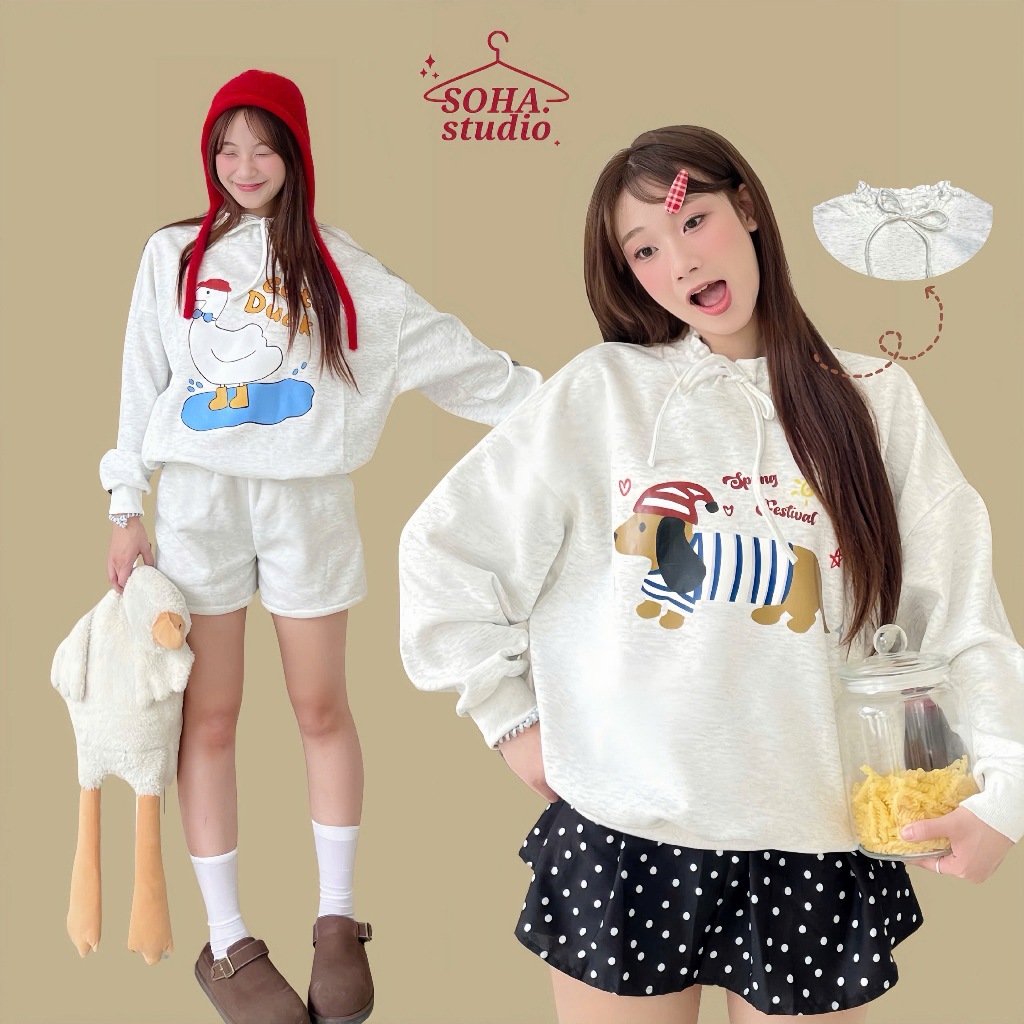 Áo sweater boxy nữ rút cổ nỉ 2 da in hình dễ thương, áo sweater nỉ màu xám tiêu dài tay - SOHA.STU