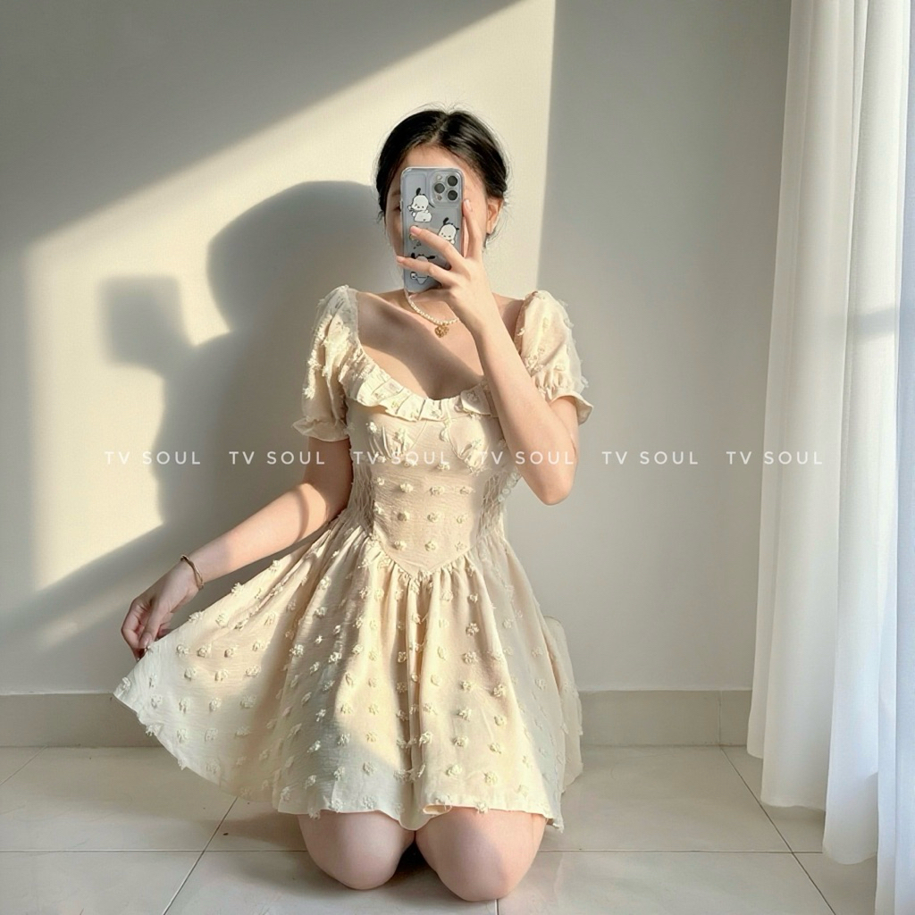 [SẴN, ẢNH THẬT] 𝐓𝐕 𝐒𝐎𝐔𝐋 | Đầm cục bông tay phồng phối ren eo dáng xoè chất vải vân gỗ che bắp tay che bụng