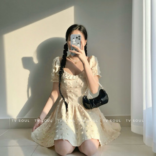 [SẴN, ẢNH THẬT] 𝐓𝐕 𝐒𝐎𝐔𝐋 | Đầm cục bông tay phồng phối ren eo dáng xoè chất vải vân gỗ che bắp tay che bụng
