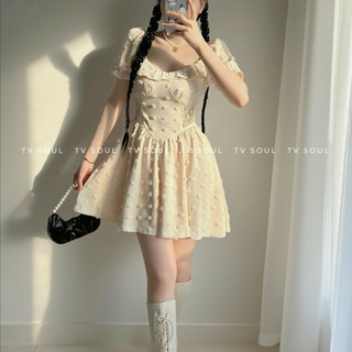 [SẴN, ẢNH THẬT] 𝐓𝐕 𝐒𝐎𝐔𝐋 | Đầm cục bông tay phồng phối ren eo dáng xoè chất vải vân gỗ che bắp tay che bụng