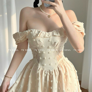 [SẴN, ẢNH THẬT] 𝐓𝐕 𝐒𝐎𝐔𝐋 | Đầm cục bông tay phồng phối ren eo dáng xoè chất vải vân gỗ che bắp tay che bụng