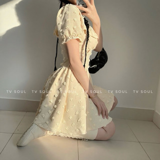 [SẴN, ẢNH THẬT] 𝐓𝐕 𝐒𝐎𝐔𝐋 | Đầm cục bông tay phồng phối ren eo dáng xoè chất vải vân gỗ che bắp tay che bụng