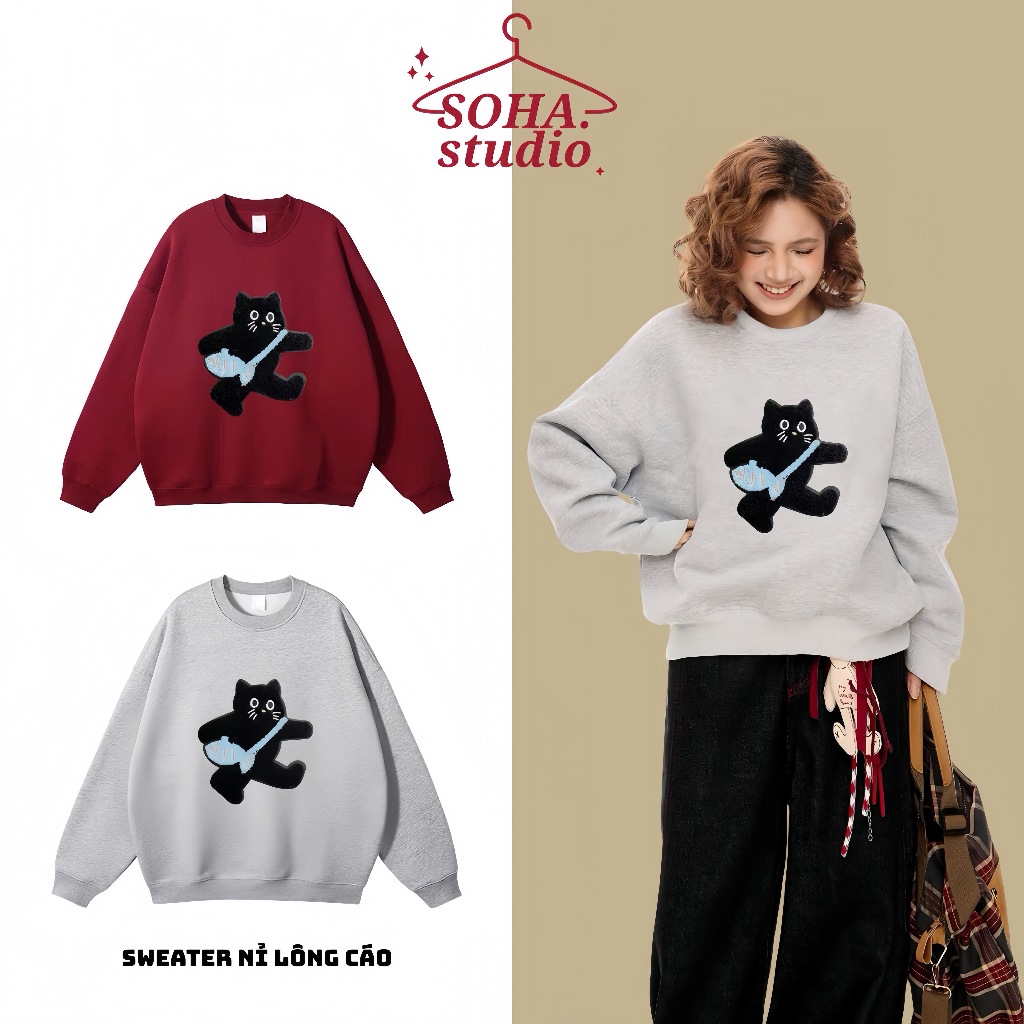 Áo sweater boxy nỉ lông cáo dài tay form rộng in hình dễ thương, Áo sweater nỉ nhung form boxy nam n