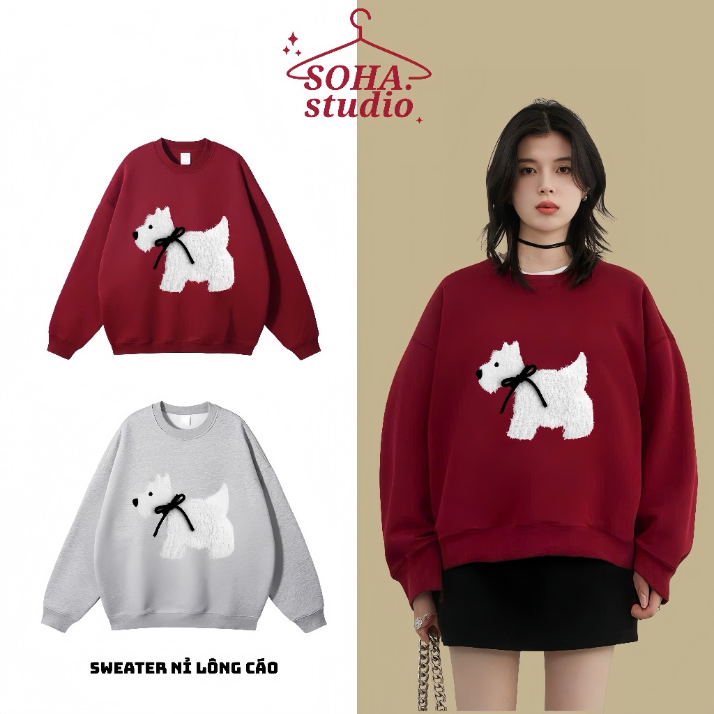 Áo sweater boxy nỉ lông cáo dài tay form rộng in hình dễ thương, Áo sweater nỉ nhung form boxy nam n