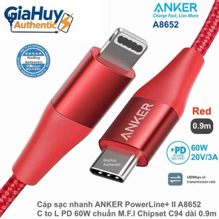  Cáp sạc nhanh ANKER A8652 PowerLine+ II C to L PD 60W chuẩn M.F.l C.94 dài 0.9m 