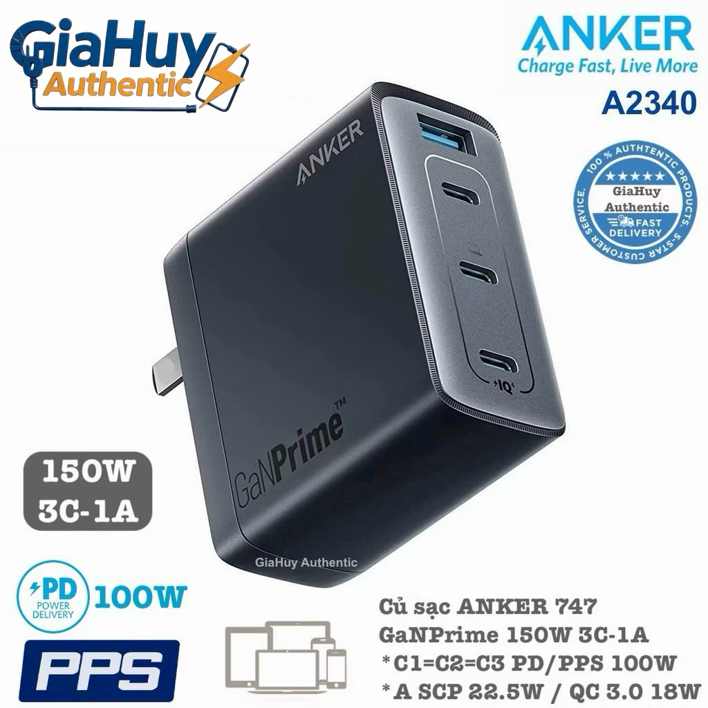 Củ sạc nhanh ANKER 747 GaNPrime 150W 3C-1A PPS /PD 100W - A2340