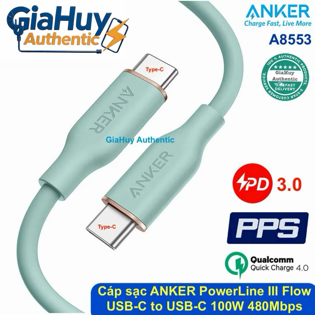 Cáp sạc nhanh ANKER 643 PowerLine III Flow C to C 100W PD/ PPS 2.0 A8553 chiều dài 1.8m