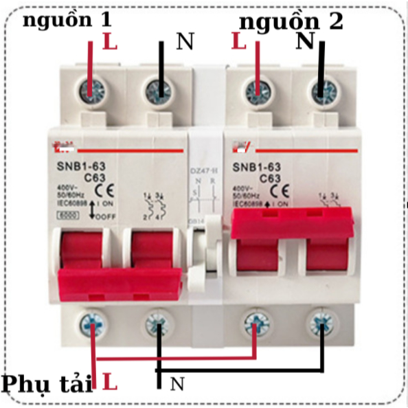Át đảo chiều liên động 2P 63A 220V, aptomat đảo chiều, cb đảo chiều