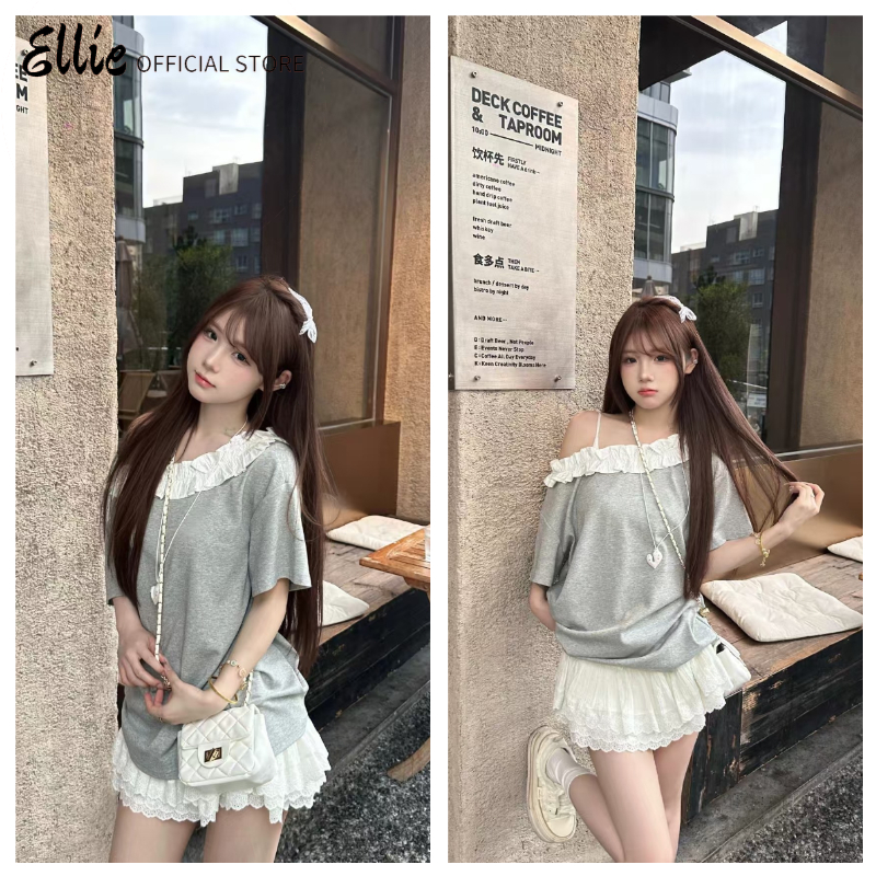 Ellie Áo trễ vai nữ dáng rộng, thoải mái Xinh đẹp kiểu Hàn dễ thương Tay áo ngắn Áo lệch vai