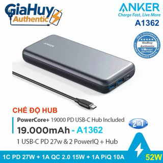 Pin sạc dự phòng 2-in-1 anker powercore+ 19000mah 52w, 1c pd 27w, 1a qc 2.0 15w, 1a piq 10w, tích hợp hub usb - a1362