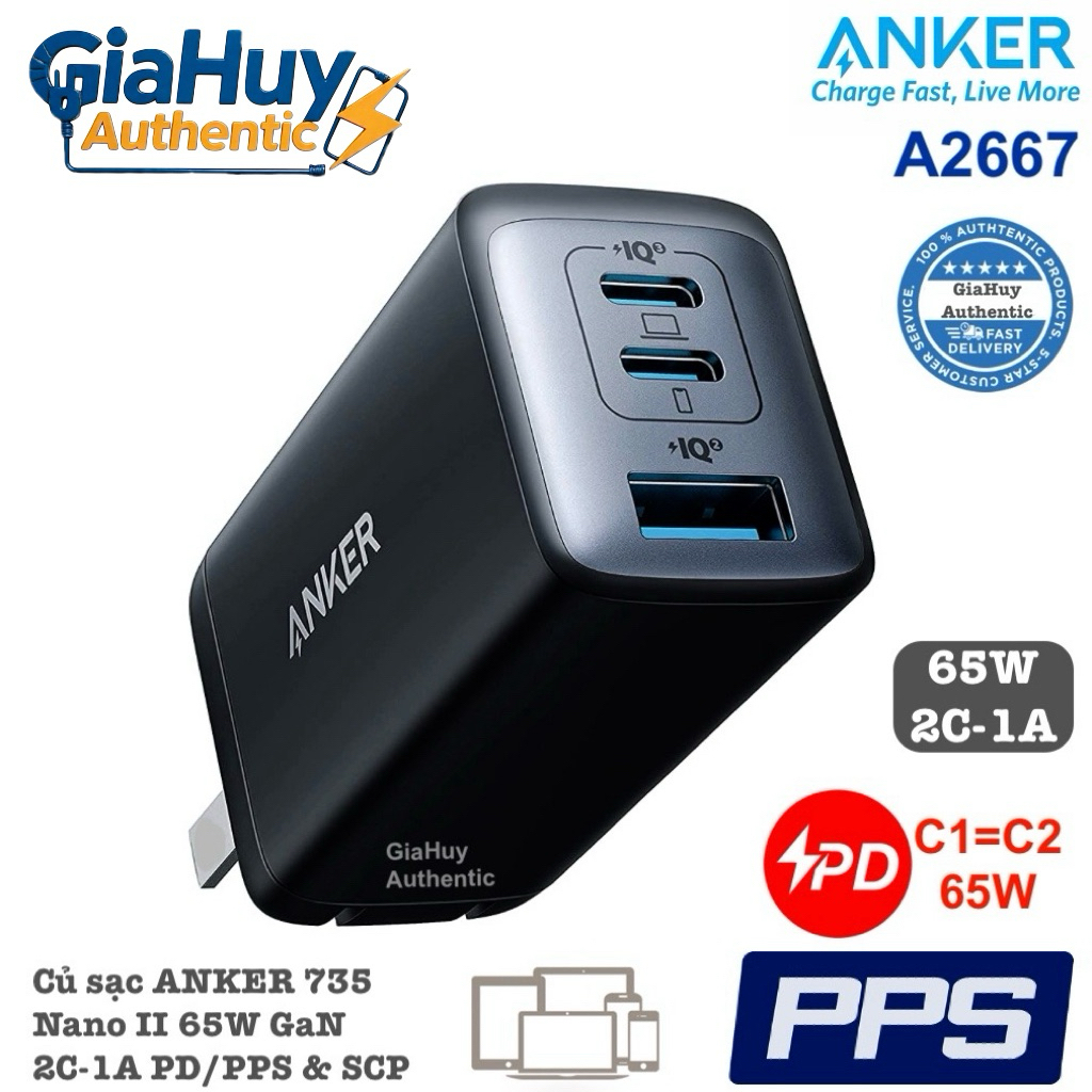Củ sạc nhanh ANKER 735 Nano II GaN 65W PD/ PPS 2C-1A - A2667