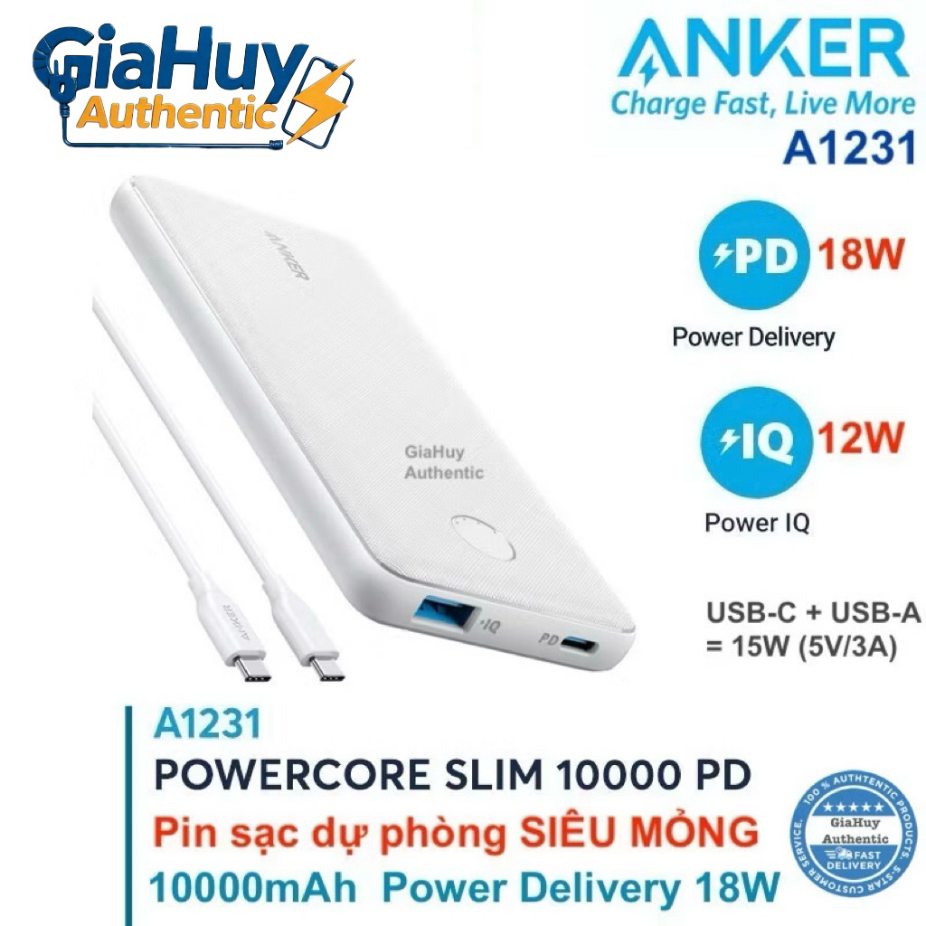 Pin sạc dự phòng ANKER A1231 10000mah PD 18W 1C-1A siêu mỏng