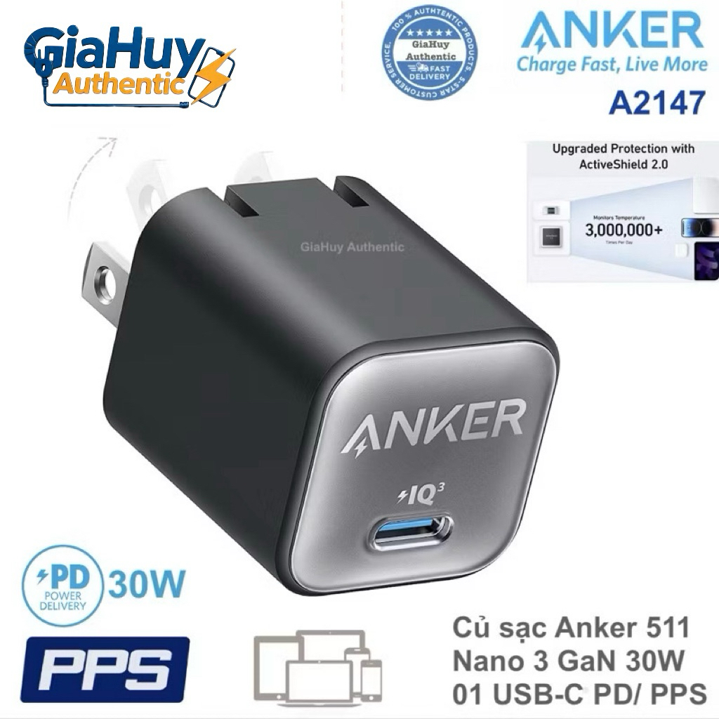 Củ sạc nhanh ANKER 511 Nano 3 GaN 30W PiQ 3.0/ PD/ PPS - Mã hàng A2147, Hàng chính hãng Anker VN