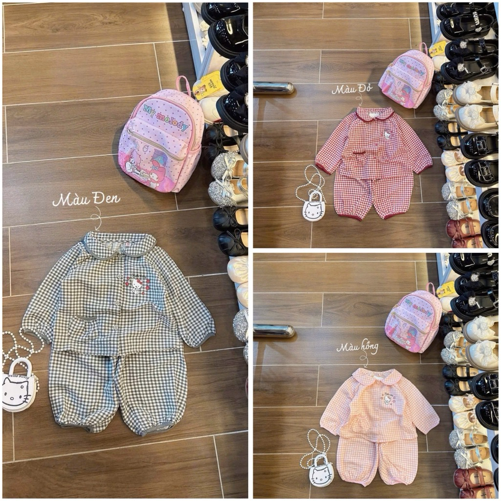 •ᴛʀᴀɴɢꜱᴜᴋɪᴅ• BỘ PIJAMA KẺ CARO CỔ SEN HELLO KITTY BÉ GÁI.