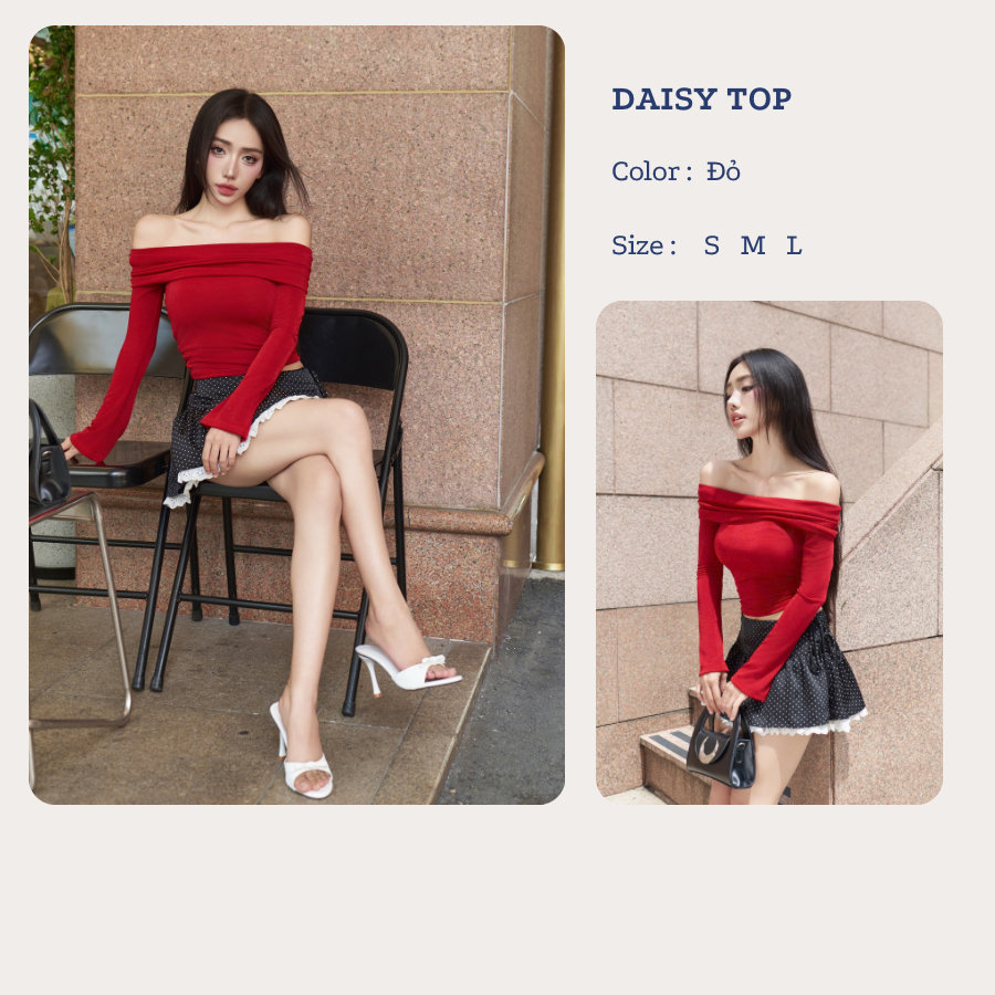 Áo trễ vai tay dài vải thun ướt co dãn nhẹ màu đỏ vang siêu trắng da [ DAISY TOP ] KRIXY CLOTHING
