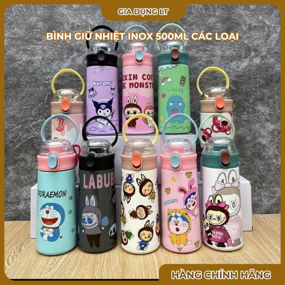 Bình giữ nhiệt CUTE 500ML kèm ống hút. Bình nước giữ nhiệt HÀNG VỀ SẴN, ly giữ nhiệt Labubu, kuromi