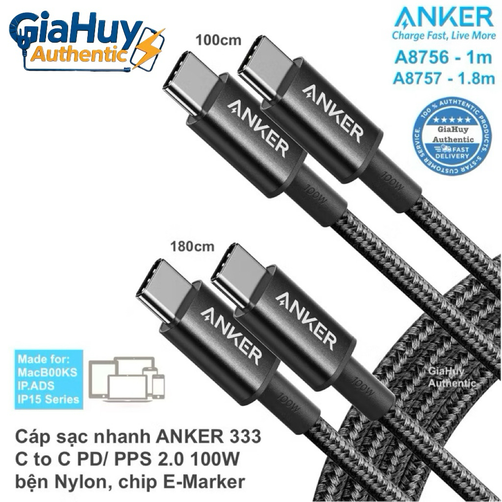 Cáp sạc nhanh ANKER 333 C to C PD/ PPS 2.0 100W - A8756 dài 1m / A8757 dài 1.8m
