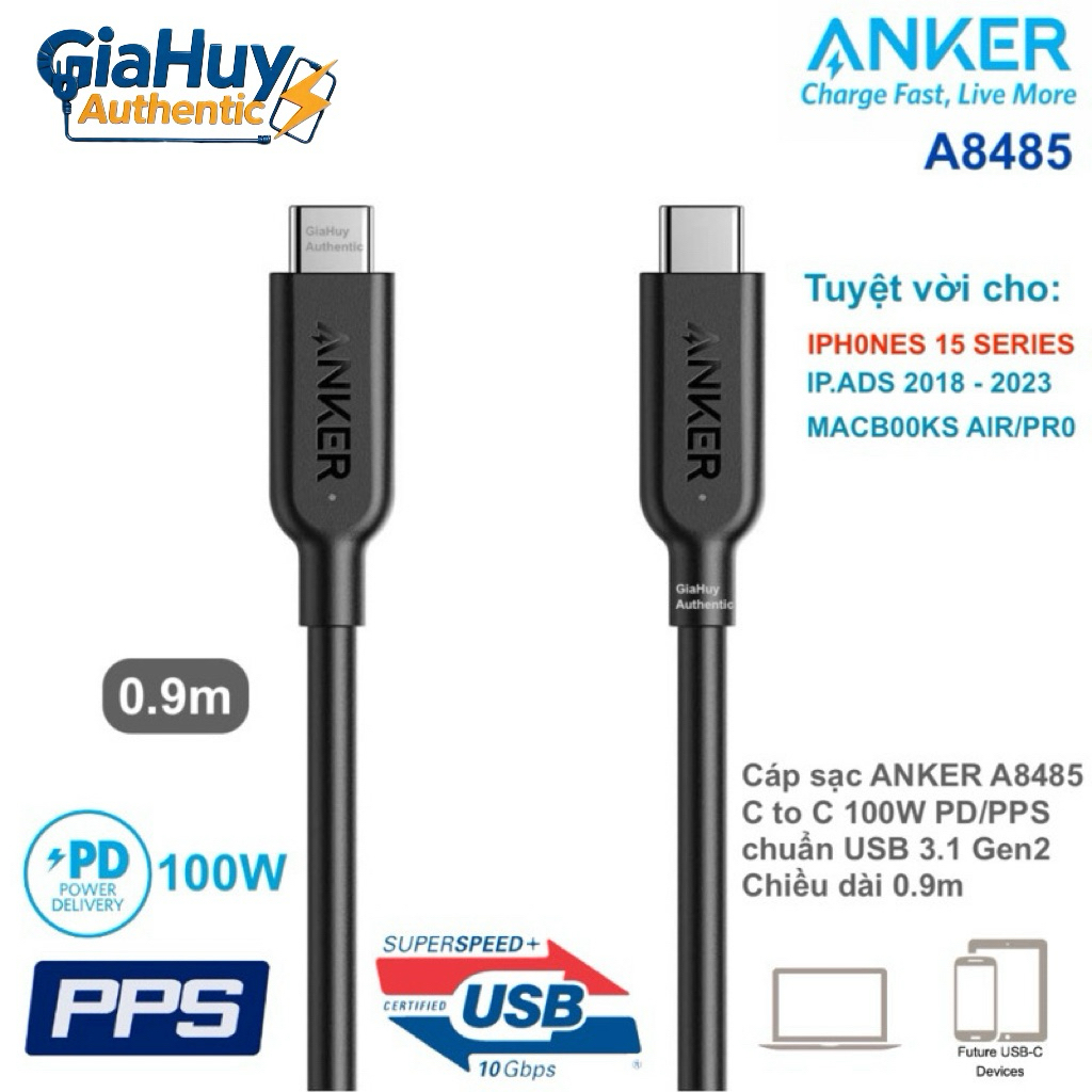 Cáp sạc nhanh ANKER A8485 PowerLine II C to C chuẩn 3.1 Gen2 PD 100W 10Gbps chiều dài 90cm