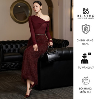  Set Áo thun đỏ trễ vai và Chân váy lông kim tuyến BE - KYHO A58 