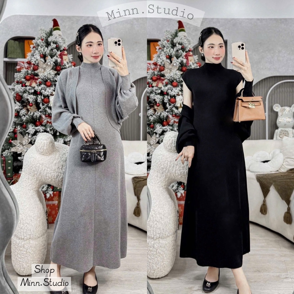 [Minn.studio] Set Váy Len Tay Hến Kèm Áo Len Choàng -Hàng QCCC