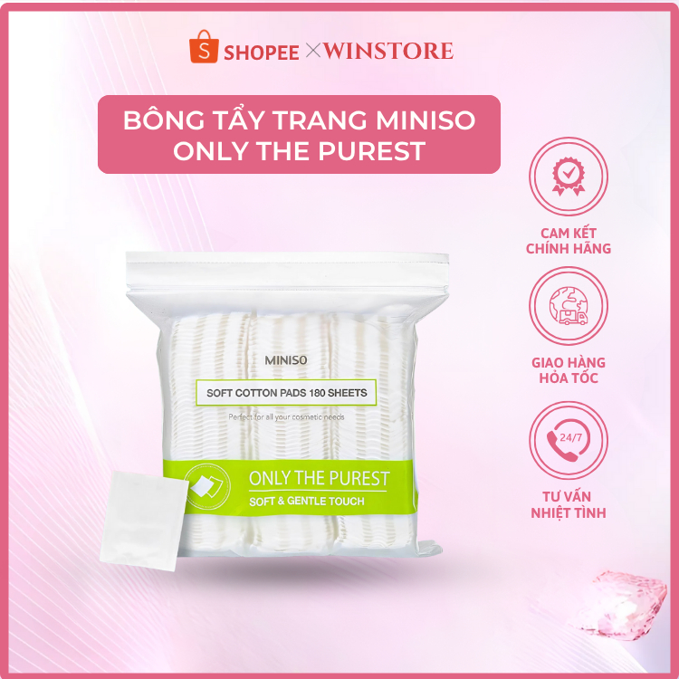 BÔNG TẨY TRANG MINISO ONLY THE PUREST 180 MIẾNG – 100% COTTON SIÊU SẠCH, MỀM MỊN CHO DA
