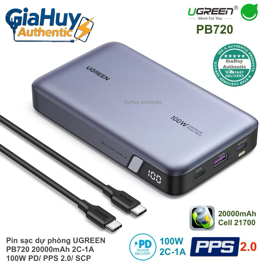 Pin sạc dự phòng UGREEN PB720 20000mAh 100W 2C-1A PD/ PPS 2.0 & SCP hỗ trợ sạc siêu nhanh 45W cho Sa