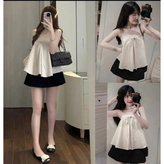  Set áo hai dây kiểu babydoll xoè bồng cột nơ kèm chân váy chữ A cực xinh kiểu công sở đáng yêu đi biển đi chơi 