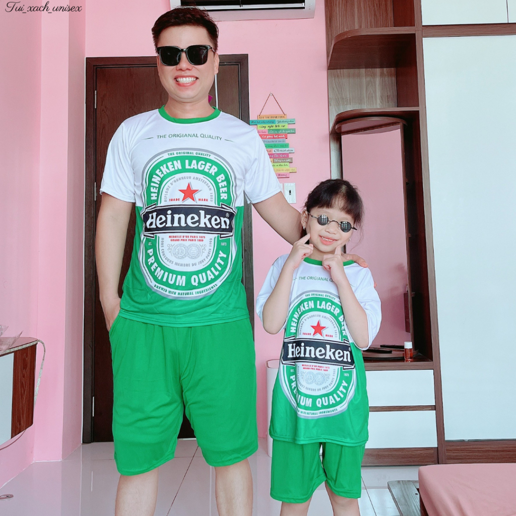 Bộ Quần Áo Thun Lạnh Nam Nữ Ngắn Tay Mùa Hè In BIA HEINEKEN XANH Unisex K1