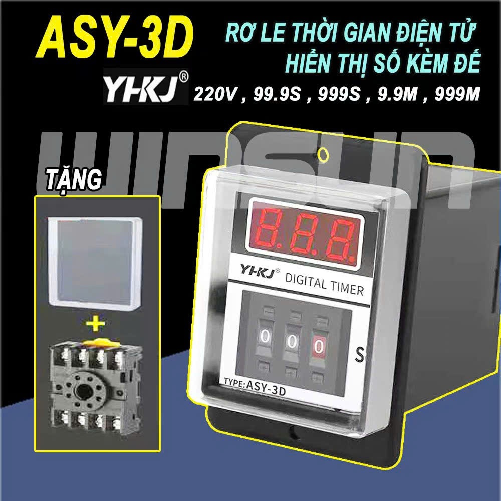Rơ le thời gian ASY-3D Timer hiển thị số 220VAC 99,9S/99,9M/999S/999M Kèm Đế