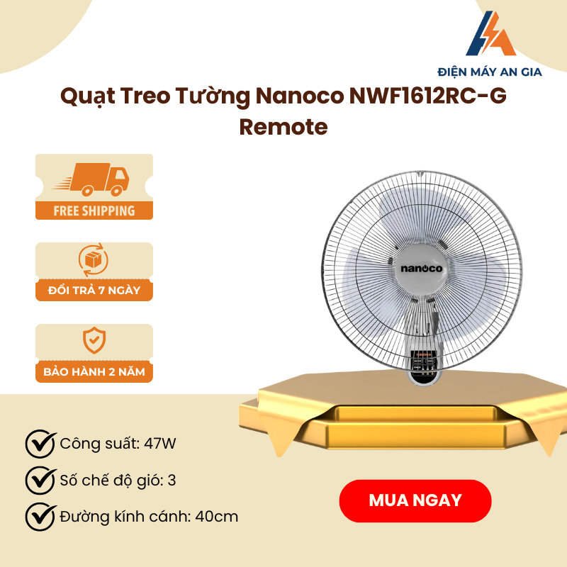 Quạt Treo Tường Nanoco NWF1612RC-G – Công Suất 47W, 3 Cấp Độ Gió, Điều Khiển Từ Xa – PEB