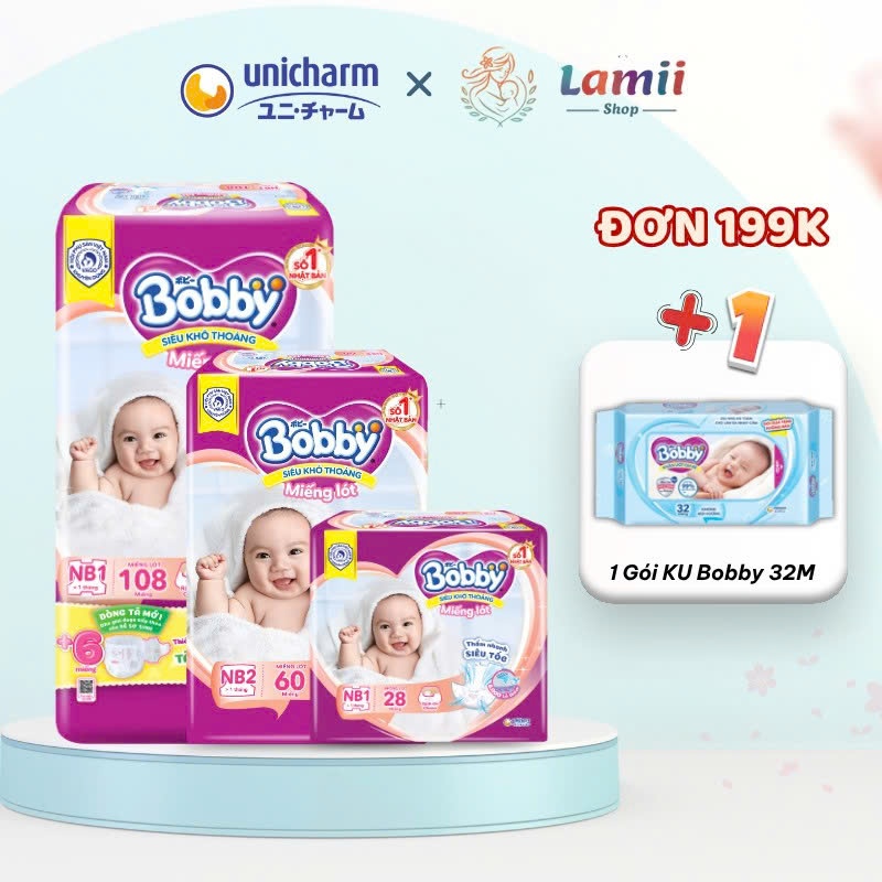 Thùng 8, 18 gói 28 64 Miếng lót sơ sinh Bobby NB1 / Miếng lót thay tã Bobby chính hãng