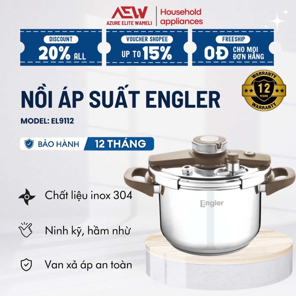 Nồi Áp Suất Từ Engler EL9112 6L Chất Inox 304 Bền Bỉ, An Toàn 3 Cấp, Dùng Trên Mọi Loại Bếp