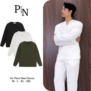  Áo Thun Nam PN STORE Dài Tay Cổ V Form Suông Vải Gân Co Giãn Mềm Mại Màu Trắng Đen ATV-DT 