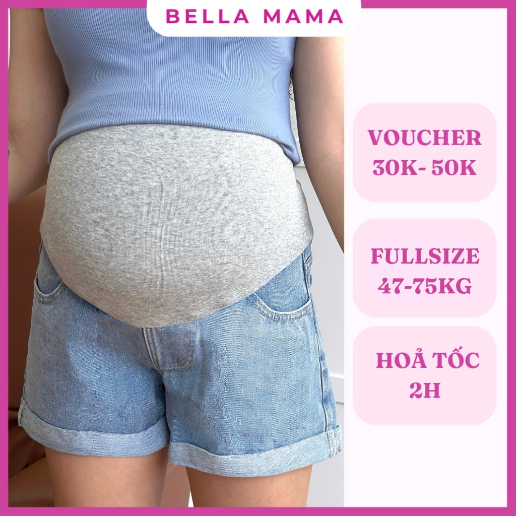 Quần Đùi Bầu Bella Mama Quần Sooc Bầu Chất Liệu Jean Có Đáp Bụng Và Chun Chỉnh Bụng Thoải Mái - QB1