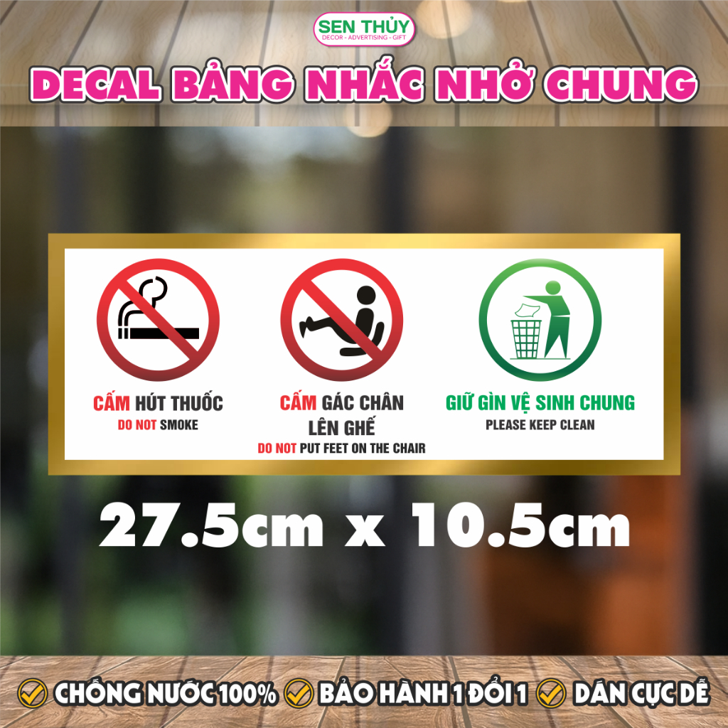 Biển Báo Cấm Hút Thuốc, Cấm Gác Chân, Giữ Vệ Sinh Chung - Decal Chống Nước Dán Kính, Tường, Gạch Men