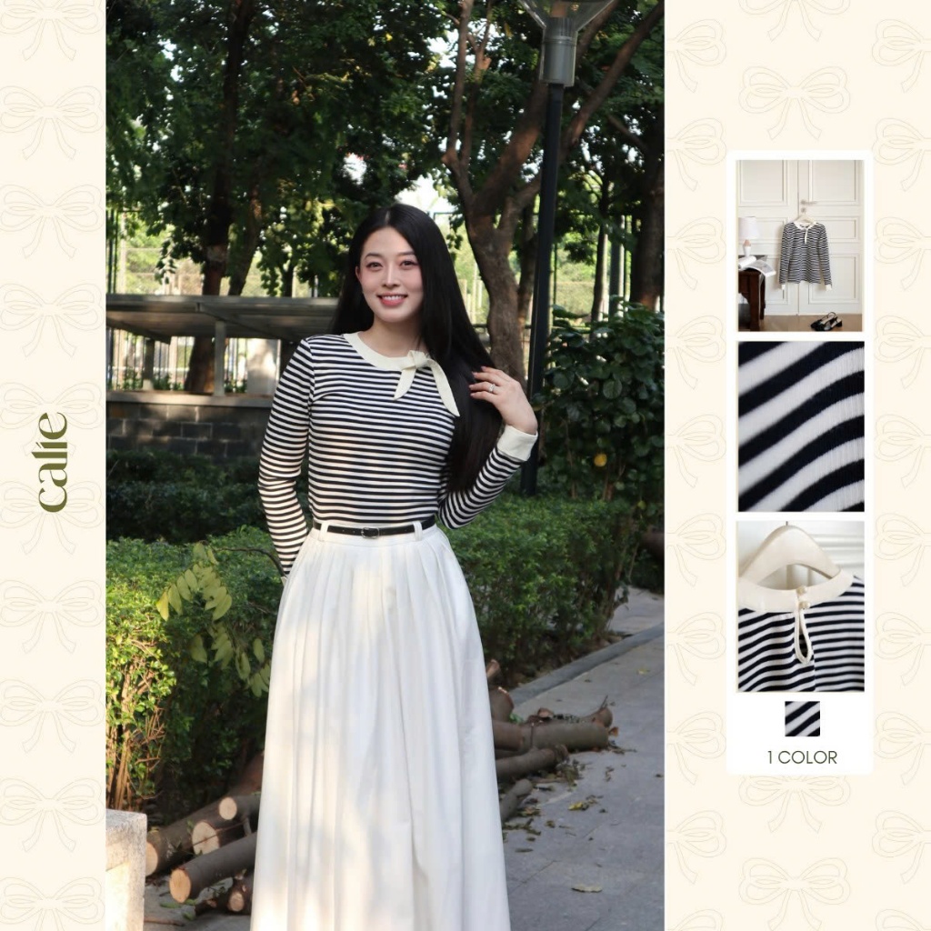 (HNLV) Áo kẻ xanh than trắng phối cổ nơ, chất liệu cao cấp, mềm mại thời trang nữ Calie Af187