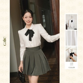   HNLV  Áo sơ mi trắng cổ sen nơ đen chất liệu thô hàn mềm mát form basic thời trang nữ Calie AS344 