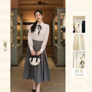   HNLV  Áo sơ mi phối nơ đen chất liệu thô hàn mềm kiểu dáng basic thanh lịch thời trang thiết kế Calie AC573 