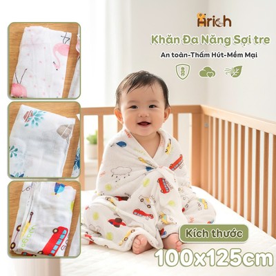 Khăn đa năng hoạ tiết Arich vải sợi tre cho bé kích thước 100x125cm