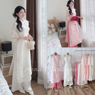 ANNA T. BOUTIQUE - Set áo dài tơ thêu hoa tay đính nơ quần lụa kem hồng 