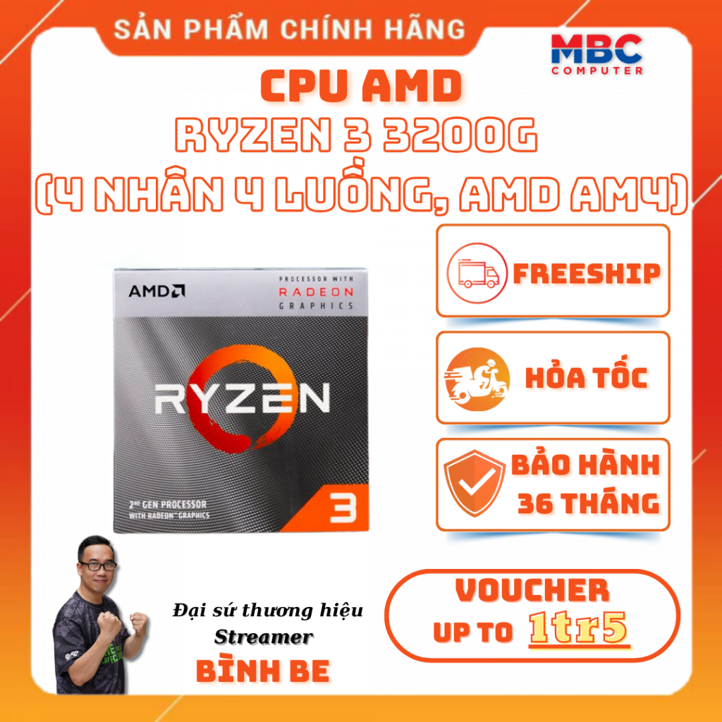 CPU AMD Ryzen 3 3200G (4 nhân 4 luồng, Socket AMD AM4) - New - Chính hãng - Bảo hành 36 tháng