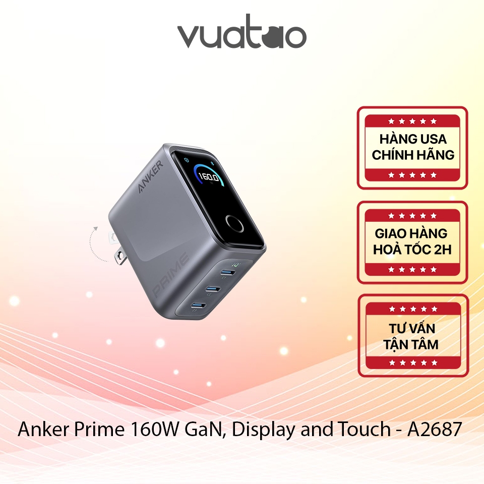 [HÀNG USA] Củ sạc nhanh Anker Prime A2687 - 160W 3 cổng USB-C, GaNPrime, kết nối APP