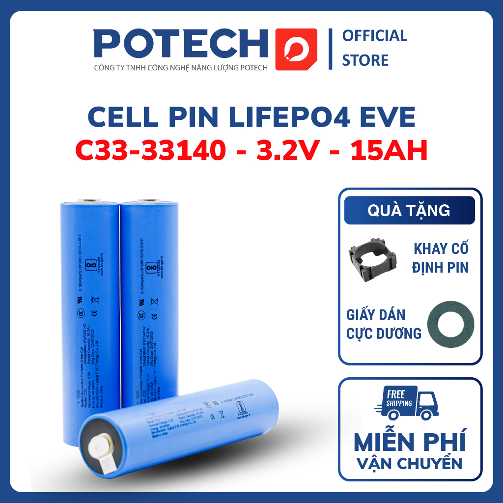 Cell pin EVE C33-33140- 3.2V- 15000mAh, cell pin LiFePo4 dòng xả 3C dùng cho xe điện, pin nlmt,...
